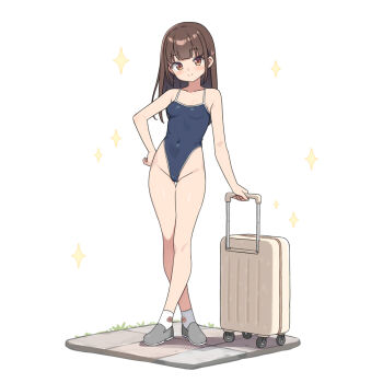 1girl bare_shoulders blue_one-piece_swimsuit brown_eyes brown_hair collarbone commentary_request covered_navel groin hatsunatsu long_hair one-piece_swimsuit original shoes socks solo standing swimsuit thigh_gap white_socks