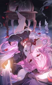 1girl black_boots black_dress black_gloves boots breasts broken_mirror candle dress evernight_(honkai:_star_rail) finger_to_mouth full_body gloves hair_between_eyes highres honkai:_star_rail honkai_(series) ien_(to_yen) index_finger_raised knee_up knees_up long_hair looking_at_viewer lying march_7th_(honkai:_star_rail) medium_breasts mirror official_alternate_costume official_alternate_eye_color official_alternate_hair_length official_alternate_hairstyle on_back open_mouth parted_lips pink_hair pov red_eyes shirt shushing single_bare_shoulder smile solo_focus upside-down very_long_hair white_shirt
