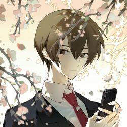 Rule 34 | 1boy, black jacket, brown eyes, brown hair, cellphone, cherry blossoms, chinese commentary, closed mouth, collared shirt, commentary request, flower, hair between eyes, highres, holding, holding phone, jabuchi you, jacket, male focus, necktie, phone, pink flower, portrait, red necktie, saibou shinkyoku, shirt, short hair, solo, suit jacket, white shirt, xiaohuaitongxue