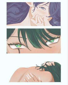 2girls blue_eyes commentary genshin_impact green_eyes green_hair hand_in_another&#039;s_hair hand_on_another&#039;s_back hashtag-only_commentary highres hlltllh lauma_(genshin_impact) long_hair multiple_girls nefer_(genshin_impact) nude pointy_ears purple_hair simple_background white_background yuri