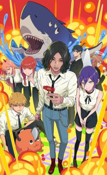 4girls 5boys acoshibata angel_devil_(chainsaw_man) beam_(chainsaw_man) black_hair black_necktie black_pants black_shorts black_suit boots braid brown_shoes chainsaw_man commentary_request demon demon_horns denim denji_(chainsaw_man) dress_shirt extra_eyes feathered_wings fire flower food formal_clothes gills halo highres holding holding_flower holding_food holding_ice_cream horns ice_cream jeans leaning_forward long_hair makima_(chainsaw_man) multiple_boys multiple_girls necktie pants pants_rolled_up pochita_(chainsaw_man) power_(chainsaw_man) purple_hair real_life red_boots red_eyes reze_(chainsaw_man) ringed_eyes shark_boy shirt shirt_hair shoes shorts single_braid sleeveless sleeveless_shirt sleeves_rolled_up sneakers squatting suit topknot v water white_halo white_shirt white_shoes wings yonezu_kenshi_(person)