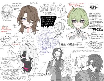 >_< 1boy 1girl :t alternate_hairstyle arrow_(symbol) artist_self-insert bandage_in_mouth bandage_on_face bandage_over_one_eye bandages brown_hair circle_hands closed_eyes closed_mouth crying curtained_hair detached_sleeves diamond-shaped_pupils diamond_(shape) dress embarrassed eyelashes facing_another facing_down facing_viewer flying_sweatdrops gem genshin_impact green_eyes green_hair hair_between_eyes hair_intakes hair_ornament hair_over_one_eye hands_on_own_head head_on_another's_shoulder height_difference high_collar highres index_finger_raised layered_sleeves light_blush looking_at_another looking_at_viewer looking_to_the_side mandarin_collar one_eye_closed open_mouth parted_lips pink_gemstone puff_of_air purple_eyes rerir_(genshin_impact) short_hair sketch smile streaming_tears sweat symbol-shaped_pupils tears tholindis_(genshin_impact) translation_request umabinia white_hair