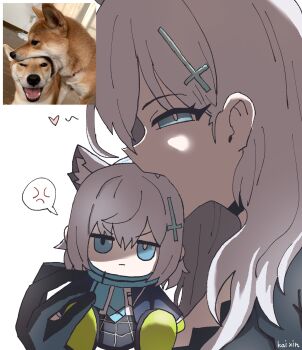 &gt;:( 2girls anger_vein animal_ears biting_another&#039;s_head black_choker blue_archive blue_necktie blue_scarf character_doll choker doll furrowed_brow heart highres holding holding_stuffed_toy kai_xin multiple_girls necktie photo-referenced scarf shiroko_(blue_archive) shiroko_(young)_(blue_archive) shiroko_terror_(blue_archive) spoken_anger_vein stuffed_toy v-shaped_eyebrows white_background wolf_ears wolf_girl