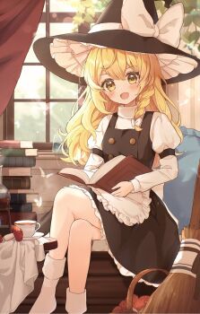 Rule 34 | 1girl, apron, black skirt, black vest, blonde hair, blush, book, bow, braid, broom, commentary request, crossed legs, cup, frilled apron, frilled skirt, frills, hair bow, hat, hat bow, highres, holding, holding book, indoors, kirisame marisa, long hair, long sleeves, looking at viewer, mushroom, open mouth, plant, side braid, single braid, sitting, skirt, socks, solo, steam, tea, teacup, touhou, vest, waist apron, wheat retzel, white apron, white bow, white socks, window, witch hat, yellow eyes