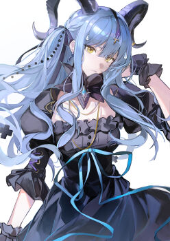 1girl absurdres arknights bang_dream! bang_dream!_it&#039;s_mygo!!!!! black_dress black_wrist_cuffs blue_gemstone blue_hair blue_ribbon buttons c0ff1n3 closed_mouth commentary curled_horns demon_horns detached_sleeves dress dress_ribbon earrings frilled_dress frilled_wrist_cuffs frills gem hair_between_eyes hair_ornament hand_in_own_hair hand_up head_tilt headpiece highres horn_ornament horn_ring horns jewelry long_hair looking_ahead ribbon short_hair sidelocks simple_background solo standing togawa_sakiko togawa_sakiko_(master_of_melodia) two_side_up very_long_hair white_background wrist_cuffs yellow_eyes