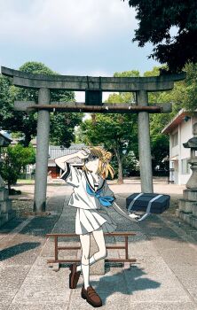 1girl ahoge bag blonde_hair blue_neckerchief blue_sky brown_shoes chorohanage closed_mouth collarbone commentary copyright_request covering_own_eyes day hair_bun highres loafers looking_up neckerchief photo_background sailor_collar school_bag school_uniform serafuku shoes short_hair sky socks solo sweat symbol-only_commentary temple torii tree white_serafuku white_socks