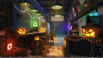 absurdres arcade_cabinet artist_name blender_(medium) cauldron ceiling_light character_request commentary creeper electric_fan english_commentary foxeleos halloween highres indie_virtual_youtuber indoors jack-o&#039;-lantern konoobi_(vtuber) magazine_(object) minecraft no_humans plant portal_(object) potted_plant sand scenery silk skeleton spider_web television vending_machine window wooden_stool worm