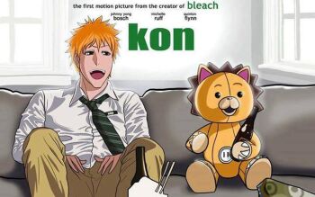2boys alcohol beer beer_bottle bleach bottle brown_eyes cosplay couch curtains drunk kon_(bleach) kurosaki_ichigo movie_poster_(medium) multiple_boys necktie non-web_source orange_hair parody poster_parody stuffed_animal stuffed_lion stuffed_toy style_parody ted_(movie) teddy_bear window