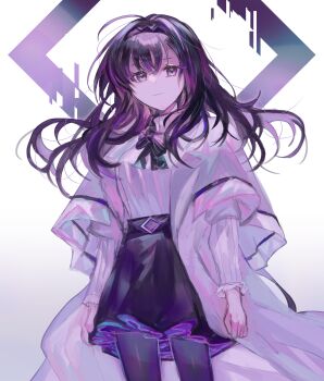 1girl arknights black_hair black_hairband black_pantyhose black_skirt closed_mouth coat commentary_request cowboy_shot diamond-shaped_pupils diamond_(shape) fumi_(rdbm) gradient_background hairband highres light_smile long_hair long_sleeves looking_at_viewer pantyhose partial_commentary priestess_(arknights) prts_logo_(arknights) skirt solo standing sweater symbol-shaped_pupils turtleneck turtleneck_sweater white_background white_coat white_sweater