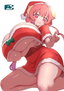 1girl arm_under_breasts bandeau bow breasts christmas cleavage dragon_girl dragon_horns dress gigantic_breasts green_bow hat horns huge_breasts ilulu_(maidragon) kobayashi-san_chi_no_maidragon looking_at_viewer red_eyes red_hair reiwa_rerere santa_costume santa_dress santa_hat short_dress short_sleeves shortstack smile solo thick_thighs thighs underboob