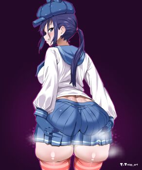 1girl absurdres blue_gloves blue_hat blue_sailor_collar blue_skirt commentary cool_mita_(miside) cropped_legs english_commentary gloves grabbing_own_ass hat highres long_sleeves looking_at_viewer looking_back miside mita_(miside) nisp_art pink_thighhighs pleated_skirt ponytail purple_background purple_eyes purple_hair sailor_collar shirt sidelocks simple_background skindentation skirt smile solo standing steaming_body striped_clothes striped_thighhighs teeth thighhighs white_shirt
