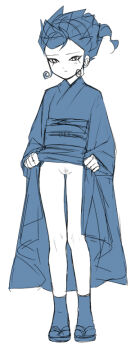 Rule 34 | 1089666666, 1girl, bad id, bad pixiv id, blue theme, blush, female focus, female pubic hair, gender request, genderswap, inazuma eleven (series), inazuma eleven go, japanese clothes, kimono, monochrome, ouse (otussger), pubic hair, sandals, sketch, solo, standing, tsurugi kyousuke, white background