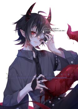 1boy ahoge black_hair black_nails black_necktie blood blood_on_clothes blood_on_neck blood_on_stomach closed_mouth collared_shirt commentary commission cowboy_shot demon_boy demon_horns ear_piercing english_commentary eyepatch fingernails grey_shirt guro hair_between_eyes hand_up horns injury jewelry looking_at_viewer male_focus mooshiki nail_polish necktie one_eye_covered original piercing pointy_ears red_eyes ring shirt short_hair simple_background solo tentacles white_background