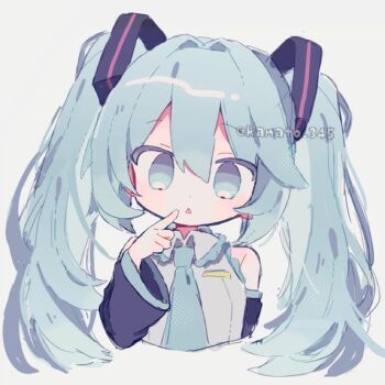 1girl aqua_eyes aqua_hair aqua_necktie black_sleeves commentary detached_sleeves finger_to_mouth grey_shirt hatsune_miku kanamochi_kanato long_hair necktie shirt symbol-only_commentary twintails vocaloid