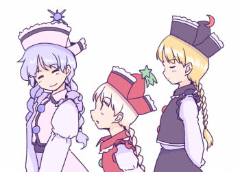 Rule 34 | 3girls, arms behind back, black hat, black skirt, black vest, blonde hair, blue hair, braid, braided ponytail, braided twintails, brown hair, buttons, closed eyes, collared vest, commentary request, crescent, crescent hat ornament, from side, hat, hat ornament, juliet sleeves, light blush, long sleeves, looking back, lunasa prismriver, lyrica prismriver, merlin prismriver, multiple girls, pink hat, pink skirt, pink vest, puffy sleeves, rangycrow, red hat, red vest, shirt, shooting star hat ornament, skirt, smile, sun hat ornament, touhou, vest, white shirt
