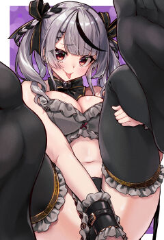1girl absurdres bikini black_bow black_streaks black_thighhighs blush bow breasts cleavage closed_mouth frilled_bikini frills grey_bikini grey_hair hair_bow hair_ornament highres hololive large_breasts ooike_teru red_eyes sakamata_chloe smile solo swimsuit thighhighs tongue tongue_out virtual_youtuber x_hair_ornament