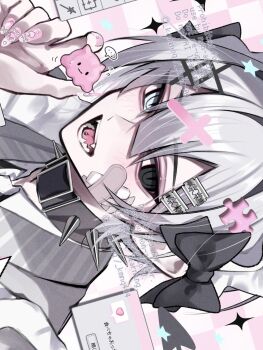 Rule 34 | 1boy, :d, black bow, black choker, black eyes, blue eyes, bow, checkered background, choker, collared shirt, commentary request, double-parted bangs, grey hair, grey shirt, hair between eyes, hair bow, hair ornament, hand up, heterochromia, highres, kaminoq, looking at viewer, male focus, open mouth, original, portrait, shirt, short hair, sideways, smile, solo, spiked choker, spikes, twitter username, watermark, window (computing), x hair ornament