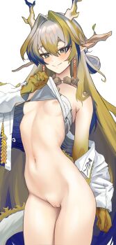 1girl absurdres arknights bare_shoulders blue_eyes blue_hair blush bottomless breasts clothes_lift clothes_pull commentary dragon_girl dragon_horns dragon_tail earrings english_commentary gradient_eyes gradient_hair green_eyes green_hair hair_between_eyes half-closed_eyes hand_up highres hip_focus horns jacket jacket_pull jewelry lifting_own_clothes long_hair midriff multicolored_eyes multicolored_hair navel nipples no_bra no_panties off_shoulder open_clothes open_jacket panties pointy_ears pulling_own_clothes pussy radioneet shirt shirt_lift shu_(arknights) slit_pupils smile smug solo stomach tail uncensored underboob underwear very_long_hair white_hair white_jacket white_panties white_shirt