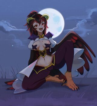 1girl absurdres bird_legs black_feathers black_hair black_wings blush breasts cameltoe commentary corset cosplay english_commentary feathered_wings feathers forward-facing_horns full_moon harpy highres horns long_hair magia_baiser magia_baiser_(cosplay) mahou_shoujo_ni_akogarete medium_breasts midriff monster_girl moon multicolored_hair navel on_floor on_ground open_mouth original pasties ponytail red_eyes red_feathers red_hair revealing_clothes shrug_(clothing) solo talons two-tone_hair unreal_fish winged_arms wings yellow_horns