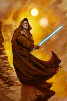 1boy beard blue_lightsaber brown_robe energy_sword erik_gist facial_hair highres holding holding_sword holding_weapon hooded_robe lightsaber moon obi-wan_kenobi outdoors robe solo standing star_wars star_wars:_a_new_hope sword tatooine weapon white_hair