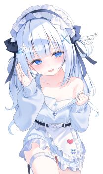 1girl absurdres apron belt blue_eyes blue_jacket blush commentary frilled_hairband frills hair_ornament hairband hairpin highres jacket lolita_hairband long_hair long_sleeves looking_at_viewer masquerade_channel open_mouth signature simple_background single_bare_shoulder solo tenshi_nano terano_naa thigh_strap twintails undressing virtual_youtuber white_apron white_background white_hair x_hair_ornament