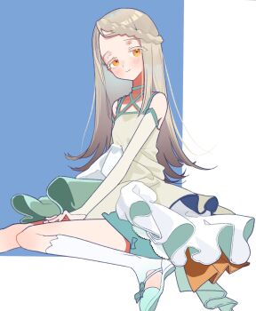 1girl bare_shoulders blush braid commentary_request dress flat_chest gakuen_idolmaster gradient_hair green_dress grey_hair highres idolmaster koukei_(idolmaster) lily-an long_hair looking_at_viewer multicolored_hair orange_eyes shinosawa_hiro sitting smile solo