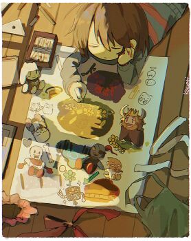 ... 1other alphys annoying_dog apron arrow_(symbol) asgore_dreemurr asriel_dreemurr blue_sweater bob_cut border bow box brown_hair chalk character_doll chromatic_aberration closed_eyes closed_mouth dappled_sunlight doll dot_nose double-parted_bangs drawing_(object) dummy_(undertale) echo_flower film_grain frisk_(undertale) from_above green_apron hair_between_eyes hand_on_own_cheek hand_on_own_face hashtag-only_commentary heart highres holding holding_chalk indoors kawar1117552 light_particles long_sleeves lying mettaton mettaton_(box) napstablook on_floor on_stomach paper papyrus_(undertale) pink_skirt pink_sweater red_bow sans_(undertale) short_hair skirt solo sparkle spoken_ellipsis striped_clothes striped_sweater sunlight sweater temmie toriel two-tone_sweater u_u undertale undyne unworn_apron unworn_bow unworn_skirt upper_body utdr_(toby_fox) white_border wooden_floor