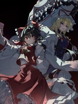 2girls armpits ascot black_hair blonde_hair bow chest_sarashi closed_mouth commentary_request dark_background dress expressionless frills gohei hair_between_eyes hair_ribbon hair_tubes hakurei_reimu hat holding holding_gohei holding_ofuda holding_umbrella long_sleeves looking_at_viewer mob_cap multiple_girls navel ofuda open_mouth purple_eyes purple_tabard red_bow red_eyes red_shirt red_skirt ribbon sarashi shirataki_oden2 shirt skirt sleeveless sleeveless_shirt smile tabard touhou umbrella white_dress yakumo_yukari yellow_ascot