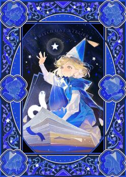 1girl absurdres blonde_hair book brushbuddy child cloak coco_(tongari_boushi_no_atelier) commentary creature english_commentary english_text fantasy green_eyes hat highres huge_book qifrey's_atelier_apprentice_uniform short_hair sky star_(sky) starry_sky tongari_boushi_no_atelier zhoartu