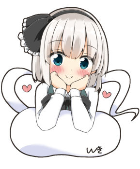Rule 34 | 1girl, black bow, black bowtie, black hairband, blush, bow, bowtie, closed mouth, collared shirt, green eyes, green vest, grey hair, hairband, hands on own cheeks, hands on own face, hitodama, konpaku youmu, konpaku youmu (ghost), long sleeves, looking at viewer, shirt, shishiky, simple background, smile, solo, touhou, vest, white background, white shirt