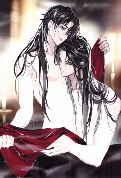 2boys alternate_hairstyle bathtub bishounen black_hair blurry blurry_background branded candle candlestand closed_mouth collarbone couple gearous grey_eyes hair_down hand_up highres holding holding_towel hug in_bathtub indoors lan_wangji long_hair looking_at_another male_focus modao_zushi multiple_boys nipples nude official_art parted_lips pectorals scar scar_on_chest shared_bathing sitting smile steam third-party_source towel water_drop wei_wuxian wet wet_hair wooden_bathtub yaoi yellow_eyes