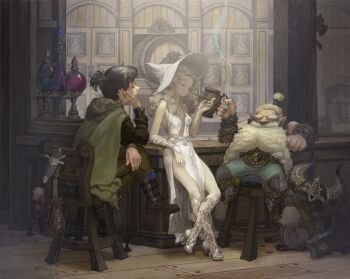 1girl 2boys armor axe bar_(place) barrel battle_axe beard beer_mug belt black_hair boots bracelet braid braided_beard chair cigarette cloak closed_eyes crossed_legs cup dagger dress dwarf facial_hair fake_horns fantasy faucet greaves hat head_rest helmet high_heels hong_yun_ji horned_helmet horns indoors jewelry knife long_beard long_hair mug multiple_boys mustache pale_skin ponytail scabbard sheath sheathed shoes short_ponytail side_slit signature sitting slice_of_life smoking spiked_bracelet spikes sword tavern thick_eyebrows topknot unworn_headwear unworn_helmet wavy_hair weapon white_hair white_hat witch witch_hat wooden_floor