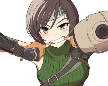 1girl armor armpits blush breasts brown_eyes brown_gloves brown_hair commentary elbow_gloves final_fantasy final_fantasy_vii finger_in_own_mouth fingerless_gloves forehead_protector gloves green_headband green_sweater grin headband kazaguruma2600 making_faces medium_breasts pauldrons ribbed_sweater short_hair shoulder_armor simple_background single_pauldron sleeveless sleeveless_turtleneck smile solo sweater turtleneck upper_body v-shaped_eyebrows white_background yuffie_kisaragi