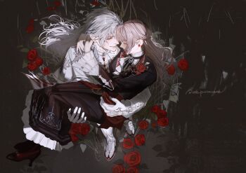 1boy 1girl absurdres arms_around_neck ascot black_dress black_ribbon boots brown_hair carrying collarbone couple dress earrings flower flower_earrings frilled_sleeves frills from_above gloves grey_hair hair_between_eyes hetero highres jewelry long_hair love_and_deepspace neck_ribbon osaki_iyo pants princess_carry protagonist_(love_and_deepspace) red_flower red_rose ribbon rose shirt smile sylus_(love_and_deepspace) white_ascot white_boots white_gloves white_pants white_shirt