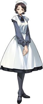 1girl ascot black_ascot breasts brown_hair closed_mouth code_geass code_geass:_genesic_re;code collared_shirt dress full_body grey_shirt hand_up happy highres holding holding_tray layered_sleeves long_sleeves looking_at_viewer maid maid_headdress official_art orange_eyes shinozaki_sayoko shirt short_hair short_over_long_sleeves short_sleeves sidelocks simple_background small_breasts smile solo standing transparent_background tray upper_body white_dress