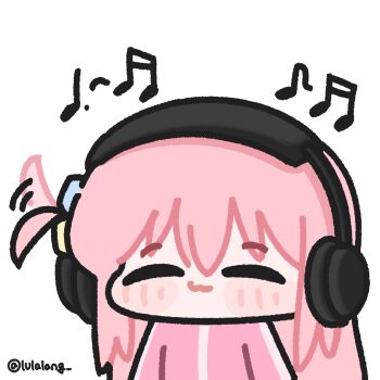 Rule 34 | 1girl, bocchi the rock!, chibi, chibi only, closed eyes, closed mouth, commentary, facing viewer, gotoh hitori, hair wagging, headphones, highres, jacket, listening to music, long hair, lulalang, musical note, one side up, pink hair, pink jacket, simple background, smile, solo, symbol-only commentary, upper body, white background