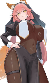 Rule 34 | 1girl, absurdres, animal ears, arm at side, black shrug, black skirt, black veil, blush, bodystocking, breast curtains, breasts, brown pantyhose, closed mouth, commentary request, covered navel, cowboy shot, fang, fang out, fate/grand order, fate (series), fox ears, fox girl, fox tail, from below, hair between eyes, hand on own hip, highres, huge breasts, juliet sleeves, long hair, long sleeves, looking at viewer, looking down, low twintails, nisokurui, nun, paid reward available, pantyhose, pelvic curtain, pink hair, puffy sleeves, shrug (clothing), simple background, skin fang, skirt, solo, standing, tail, tamamo no mae (fate), thigh strap, twintails, veil, very long hair, white background, yellow eyes