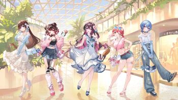 5girls azki_(hololive) azki_(holonatsu_paradise)_(hololive) bag black_camisole black_choker black_hair blue_arm_warmers blue_eyes blue_jacket blue_pants blue_sailor_collar blue_shoes blue_shorts blue_sky bow brown_hair camisole choker closed_mouth colored_inner_hair denim denim_shorts double-parted_bangs double_bun dress eyewear_on_head feet flower flower_hairpin full_body gradient_hair green_eyes hair_between_eyes hair_bow hair_bun hair_flaps hair_flower hair_ornament hand_on_own_hip hand_up high_heels hololive hoshimachi_suisei hoshimachi_suisei_(holonatsu_paradise) indoors jacket jeans leg_warmers long_hair looking_at_viewer mechanical_legs midriff multicolored_hair multiple_girls navel noir_eku off_shoulder official_alternate_costume official_alternate_hair_length official_alternate_hairstyle official_art open_mouth outside_border pants pink_hair pink_jacket pink_shirt pink_shoes pleated_skirt purple_eyes roboco-san roboco-san_(holonatsu_paradise) sailor_collar sailor_dress sakura_miko sakura_miko_(holonatsu_paradise) sandals shirt shirt_tucked_in shoe_soles shoes short_hair short_twintails shorts shoulder_bag single_side_bun skirt skirt_hold sky sleeveless sleeveless_dress smile sneakers streaked_hair sunglasses t-shirt thigh_strap toes tokino_sora tokino_sora_(holonatsu_paradise) torn_clothes torn_jeans torn_pants twintails virtual_youtuber white_dress white_hair white_leg_warmers white_shirt white_shoes