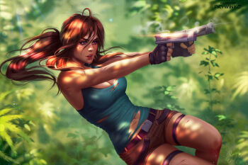 1girl belt breasts brown_hair brown_shorts cleavage commentary english_commentary fingerless_gloves gloves gun handgun highres holding holding_gun holding_weapon nature navel ponytail prywinko short_shorts shorts smoke smoking_barrel solo tank_top torn_clothes weapon