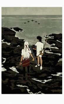 Rule 34 | 2girls, absurdres, aircraft, arrow (projectile), black hair, black pantyhose, book, border, bow (weapon), brown gloves, commentary, day, female admiral (kancolle), from behind, gloves, headband, highres, holding, holding arrow, holding book, holding weapon, hoshi (liujingxing333), jacket, japanese clothes, kantai collection, long hair, military uniform, multiple girls, ocean, outdoors, pantyhose, partially fingerless gloves, partly fingerless gloves, quiver, red headband, rigging, rock, shoes, shoukaku (kancolle), single glove, skirt, standing, symbol-only commentary, tasuki, water, weapon, white border, white hair, white jacket, white shoes, white skirt, yugake