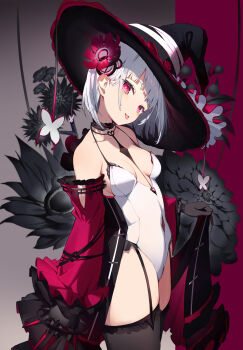 Rule 34 | 1girl, bare shoulders, black choker, black flower, black gloves, black thighhighs, blush, breasts, bright pupils, bug, butterfly, choker, covered navel, detached collar, detached sleeves, flower, garter straps, gloves, grey background, hair flower, hair ornament, hat, highres, insect, jacket, leotard, looking at viewer, medium breasts, medium hair, open clothes, open jacket, original, red background, red eyes, simple background, smile, solo, tatsukisan, thighhighs, tongue, tongue out, two-tone background, white leotard, white pupils, witch hat