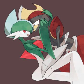 2others angry annoyed arm_blade bisharp brown_background colored_skin commentary constricted_pupils facing_another gallade gen_4_pokemon gen_5_pokemon green_hair grey_helmet grey_trim grimace hand_on_another&#039;s_cheek hand_on_another&#039;s_chest hand_on_another&#039;s_face hand_on_another&#039;s_head hand_on_helmet heads_together helmet high_contrast highres knee_up leaning_back leaning_forward leaning_on_person looking_at_another mohawk multicolored_skin multiple_others nintendo on_ground open_mouth out_of_frame pokemon pokemon_(creature) pokemon_focus red_eyes red_helmet red_trim shoulder_pads two-tone_helmet two-tone_skin umi-be-to weapon wide_hips