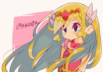 1girl artist_name blonde_hair closed_mouth commentary_request dress gloves highres light_blush long_hair nintendo pink_dress princess_zelda solo the_legend_of_zelda the_legend_of_zelda:_the_wind_waker tiara tokuura toon_zelda twitter_username upper_body white_gloves