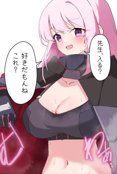 Rule 34 | 1girl, :d, absurdres, amtkmituki, black coat, black gloves, black sports bra, blue archive, blush, breasts, cleavage, coat, collarbone, commentary request, cowboy shot, eimi (armed) (blue archive), eimi (blue archive), gloves, hair between eyes, hair down, highres, jacket, large breasts, long hair, looking at viewer, midriff, navel, official alternate costume, official alternate hairstyle, open clothes, open coat, open jacket, open mouth, pink hair, purple eyes, sidelocks, simple background, smile, solo, speech bubble, sports bra, standing, steaming body, sweat, translation request, very sweaty, white background