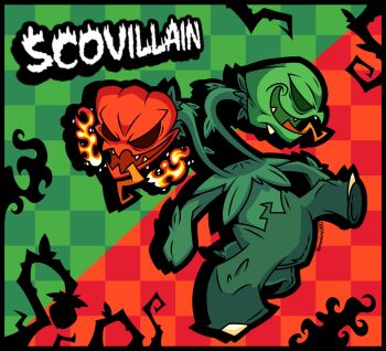 Rule 34 | artist name, black border, border, breath weapon, breathing fire, bumpadump2002, character name, commentary, english commentary, evil smile, fangs, fire, full body, grid background, multiple heads, nintendo, no humans, open mouth, pokemon, pokemon (creature), pokemon focus, scovillain, smile, solo, standing, standing on one leg, thick outlines, tongue, tongue out, two-tone background, v-shaped eyes