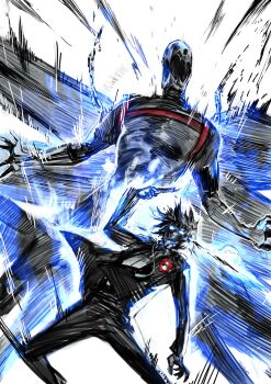 2boys black_jacket commentary earbuds earphones english_commentary evoker gekkoukan_high_school_uniform glowing glowing_eyes gun gun_to_head highres holding holding_gun holding_weapon jacket monster multiple_boys outstretched_arms persona persona_(summon) persona_3 roaring school_uniform shadow spread_arms standing summoning thanatos_(persona) weapon yourfreakyneighbourh yuuki_makoto_(persona_3)