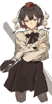 1girl absurdres bag black_bow black_bowtie black_skirt bow bowtie brown_hair collared_shirt colored_inner_hair commentary crossed_arms hair_between_eyes hat highres holding holding_bag long_sleeves looking_at_viewer medium_hair multicolored_hair pantyhose parted_lips po_(anhk5528) pointy_ears pom_pom_(clothes) red_eyes red_hair shameimaru_aya shirt skirt smile solo tokin_hat touhou two-tone_hair white_background white_shirt