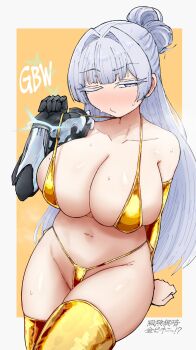 1girl batta_nj bikini blue_eyes border breasts colored_eyelashes commentary commentary_request english_commentary goddess_of_victory:_nikke gold_bikini gold_thighhighs highres huge_breasts long_hair mechanical_arms micro_bikini midriff mixed-language_commentary navel nayuta_(nikke) one_eye_closed orange_background single_mechanical_arm solo swimsuit thighhighs thighs very_long_hair white_border white_eyelashes white_hair