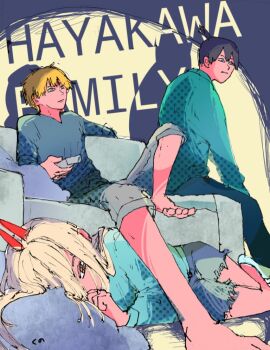 1girl 2boys 91_kuno_ichi aqua_shirt bare_legs barefoot black_eyes black_hair blonde_hair blue_legwear blue_pants blue_shirt blue_shorts chainsaw_man character_name couch denji_(chainsaw_man) english_text eyebrows green_shirt grey_shorts hair_between_eyes hayakawa_aki horns long_hair long_sleeves medium_hair multiple_boys orange_eyes pants power_(chainsaw_man) remote shirt short_hair shorts sitting three-quarter_sleeves television white_hair yellow_eyes