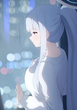Rule 34 | 1girl, against glass, blue archive, blunt bangs, breast press, breasts, breasts on glass, commentary request, from side, halo, hamachikichiki, hand on glass, hand up, highres, indoors, large breasts, long hair, long sleeves, looking ahead, mechanical halo, noa (blue archive), noa (pajamas) (blue archive), official alternate costume, official alternate hairstyle, pajamas, parted lips, partial commentary, ponytail, profile, purple eyes, rain, sidelighting, sidelocks, solo, straight hair, upper body, very long hair, water drop, white hair, white halo, white pajamas, window